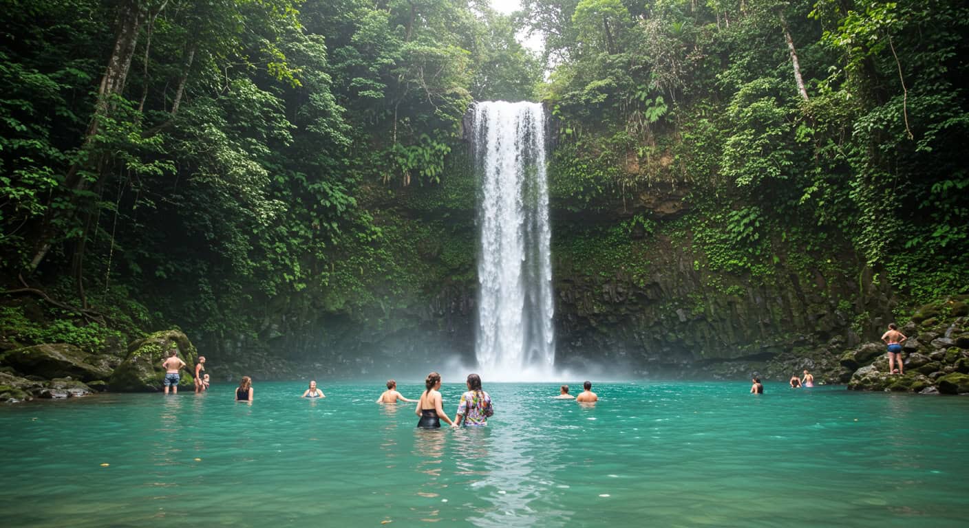 Tourists are seen bathing at the base of the Rio Celeste Waterfall