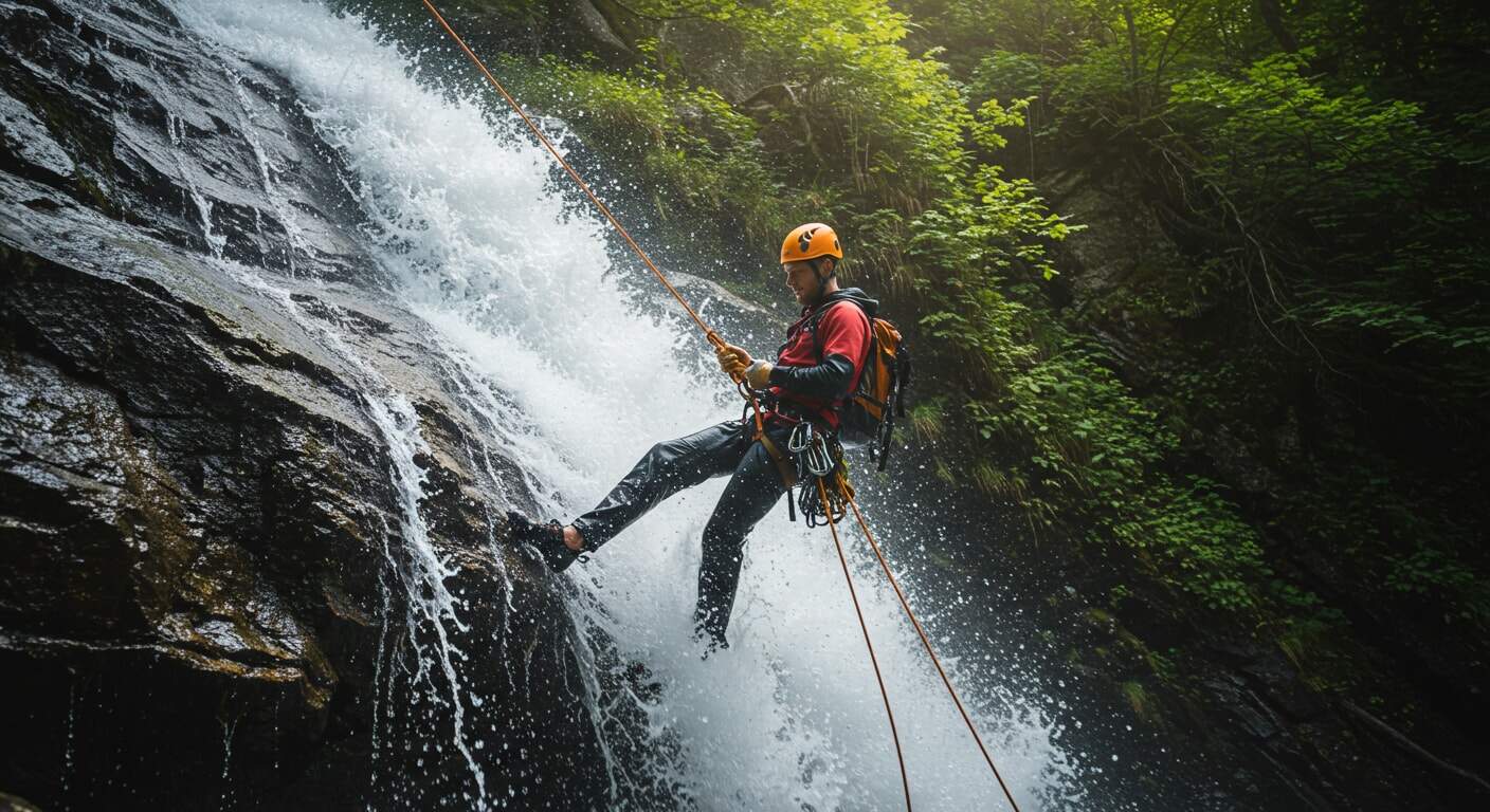 A tourist is rappelling down a waterfall in La Fortuna, Costa Rica