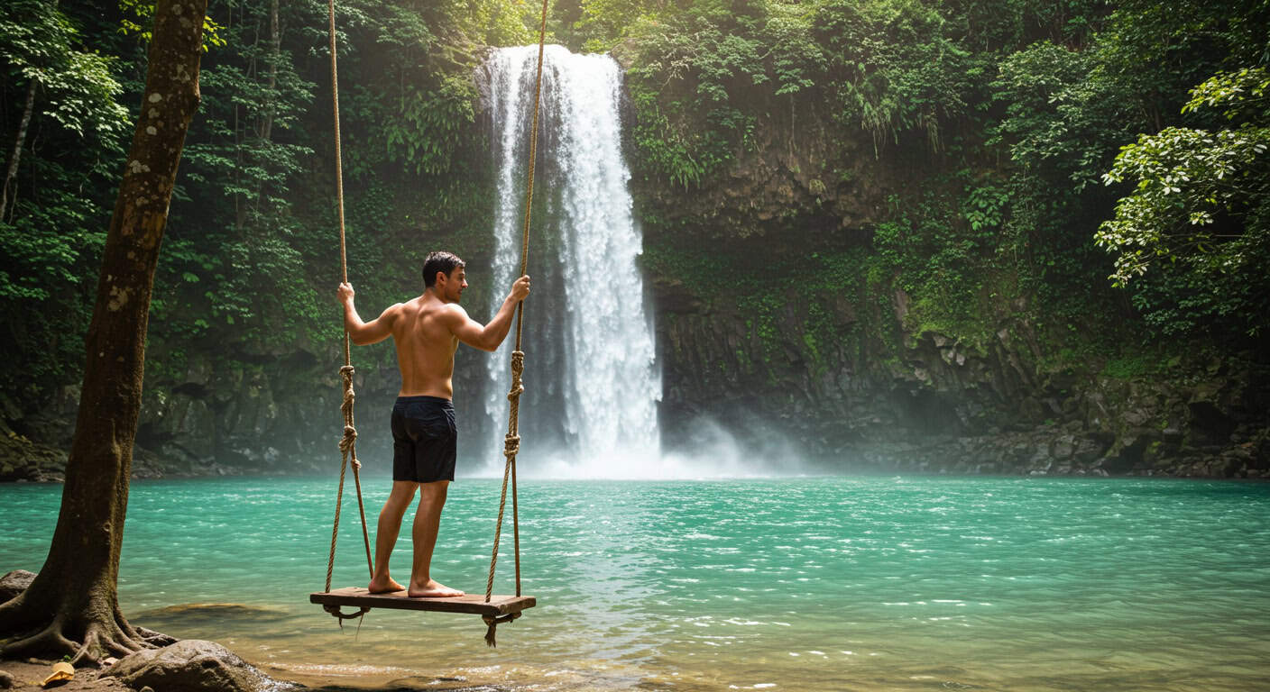 A man standing on a swing next to a waterfall