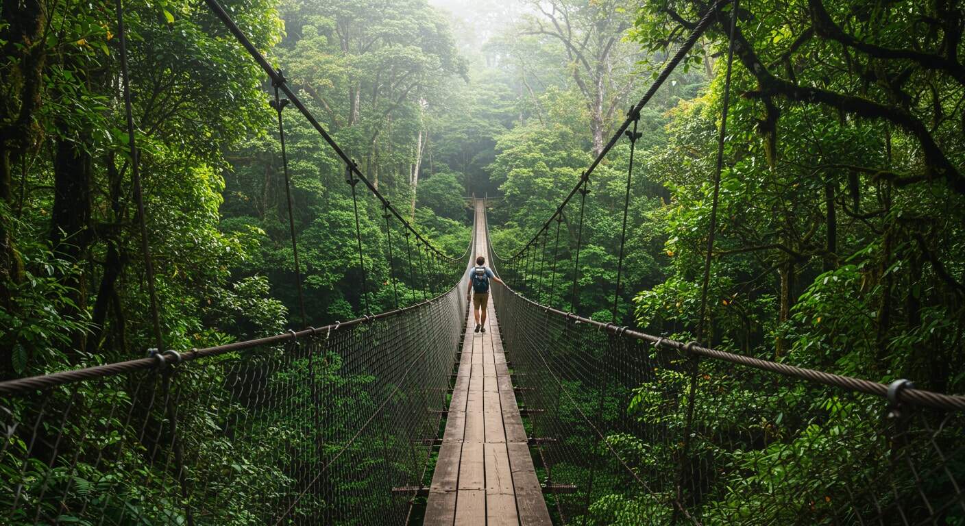 A tourist is seen walking on one of the Arenal Hanging Bridges