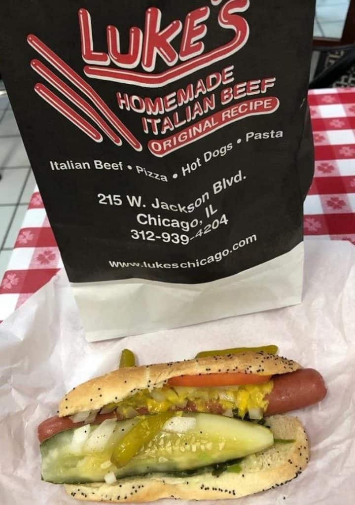 Luke's hot dog with toppings