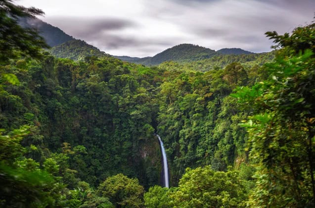 Lush rainforest in Costa Rica with green trees, mountains in the background, and a single waterfall flowing in the center