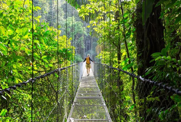 Rope and metal bridge hanging in the jungle of costa rica